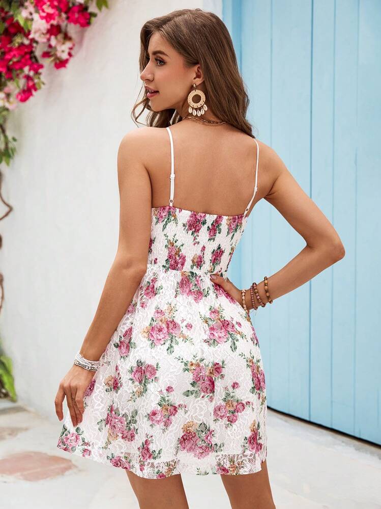 SHEIN VCAY Pink Floral Printed Lace Spaghetti Strap Dress For Women's Vacation Spring Summer Clothing - White - View 4