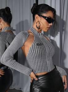 SHEIN ICON Women's Ribbed Hollow Out Short Cropped Cardigan With Open Front - Grey - View 3