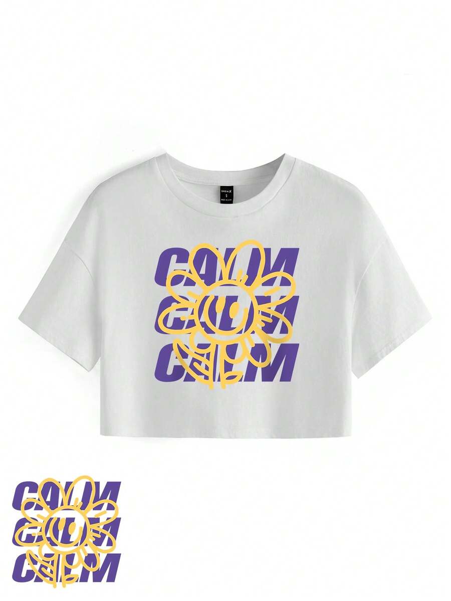 Bluomery 女士短袖短版修身t恤,圓領印有微笑臉和字母 - 白色 - 查看 1