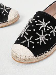Styleloop 平底简约黑色帆布水钻装饰串珠穆勒鞋夏季钓鱼鞋度假鞋夏季促销波西米亚风复古乡村风法式鞋 - 黑色 - 查看 3