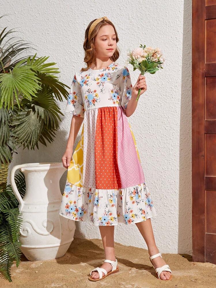 Tween Girls' Floral Woven Patchwork Loose Fit Casual Dress With Round Neckline