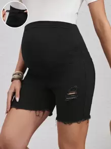 SHEIN 孕婦彈性針織面料舒適調節腰部黑色牛仔短褲