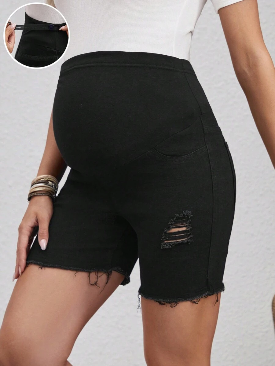 SHEIN 孕婦彈性針織面料舒適調節腰部黑色牛仔短褲