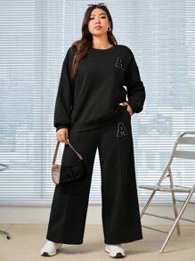 SHEIN EZwear 加大尺寸字母印花長袖運動衫和束口運動褲2件套裝 - 黑色 - 查看 1