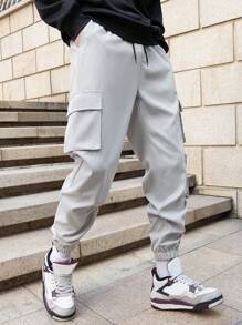 Manfinity Homme Pantalones cargo de unicolor para hombres, pantalones largos lisos con cordón para salir, para regalos de esposo o novio, para otoño - Gris Claro - Ver 6