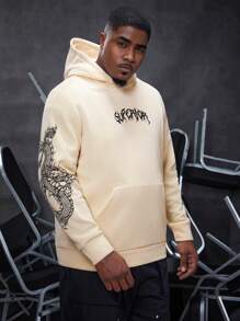 Manfinity Roughcore Men'S Plus Size Hoodie With Letter & Chinese Dragon Print - Khaki - View 1