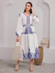 Seusyu Printed Lantern Sleeve Dress Fall Cloth For Women - White - View 3