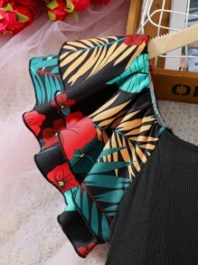 少女復古花朵蕾絲短袖植物印花假日連衣裙 - 黑色 - 查看 4