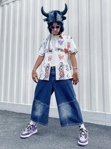 ROMWE MEN Anime Camisa De Manga Corta Para Hombres Con Estampado De Dragón Y Calavera - Blanco - Ver 1