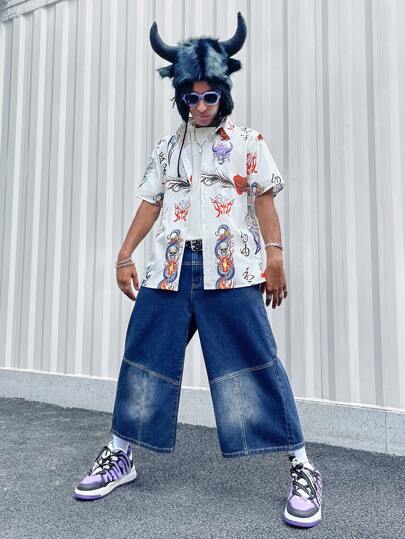 Anime Men'S Dragon And Skull Printed Short Sleeve Shirt