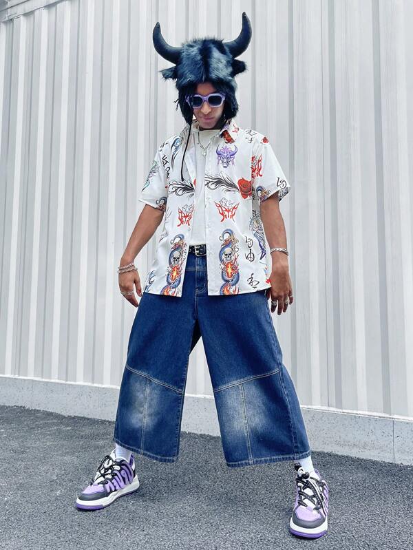 ROMWE MEN Anime Men'S Dragon And Skull Printed Short Sleeve Shirt