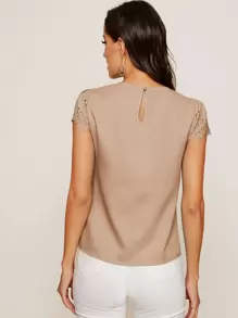 SHEIN Clasi Solid Color Pleated Hollow Out Patchwork Shirt - Camel - View 3