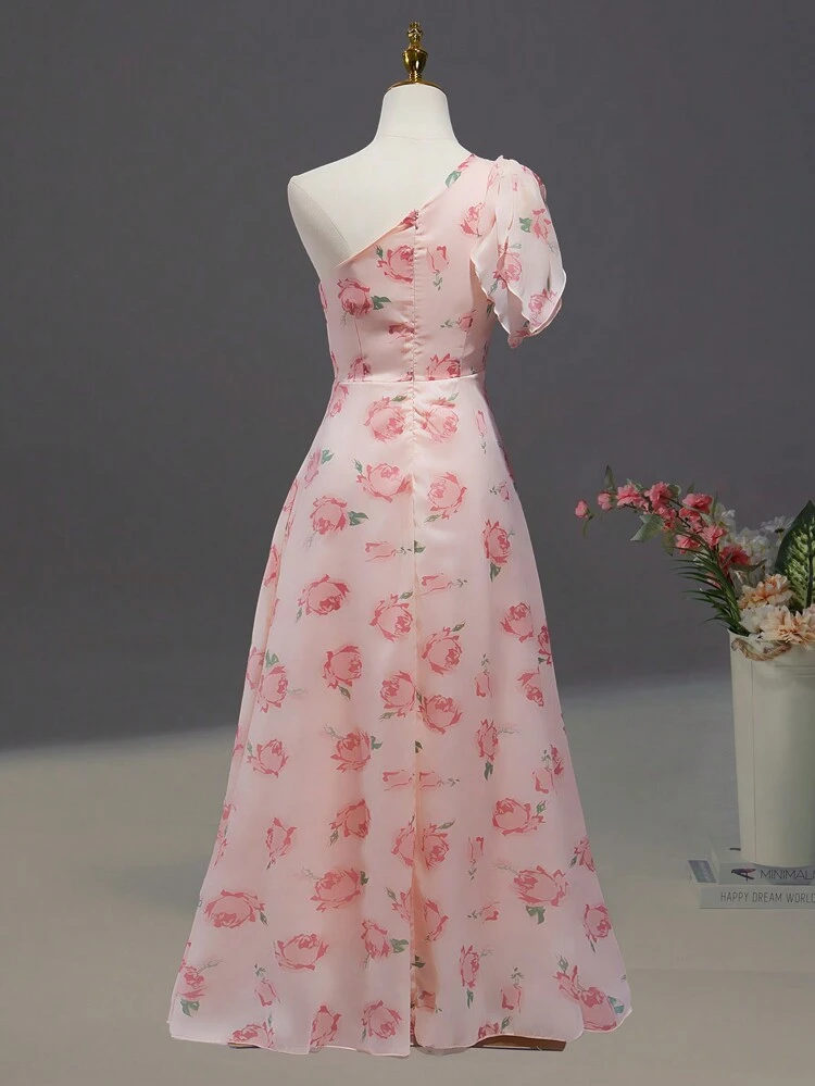 Teenage Girls' One Shoulder Knotted Flower Print Dress, Formal Occasions, Spring/Summer