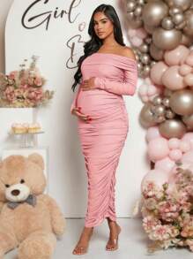 Loomaby Maternity Off Shoulder Ruched Bodycon Dress With Long Sleeve, For Baby Shower - Pink - View 5