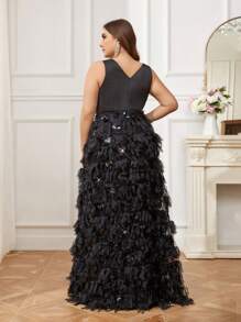 SHEIN Belle Plus Size Women's Beaded Tassel Contrast Mesh A-Line Dress With Color Block, For Evening Party Formal Dress - Black - View 4