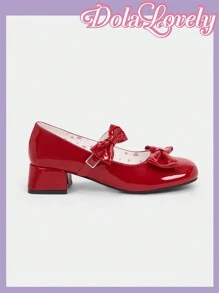 Dola Lovely Red Bow & Heart Shaped Mary Jane Shoes For Women, Lolita Style, Chunky Heel, Fashionable Lady High-Heeled Pump