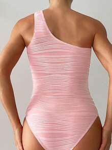 SHEIN Swim Màu thuần Xu hướng: Cắt giảm Một bờ vai Đồ bơi một mảnh Lễ cưới - Hồng - Xem 2