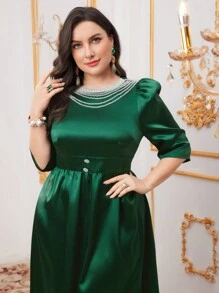 Modelyn Vestido largo de fiesta con decoración de cadena con cuentas y mangas abullonadas para talla grande