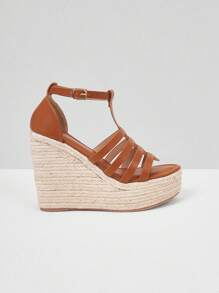 Styleloop Women's Fashionable Minimalist Strappy Brown Wedge Heel Espadrilles Sandals Ideal For Vacation,Casual Outdoor Beach Roman Boho Comfort Women's Sandals, Solid Color Faux Leather Open Toe Ankle Strap Sandals