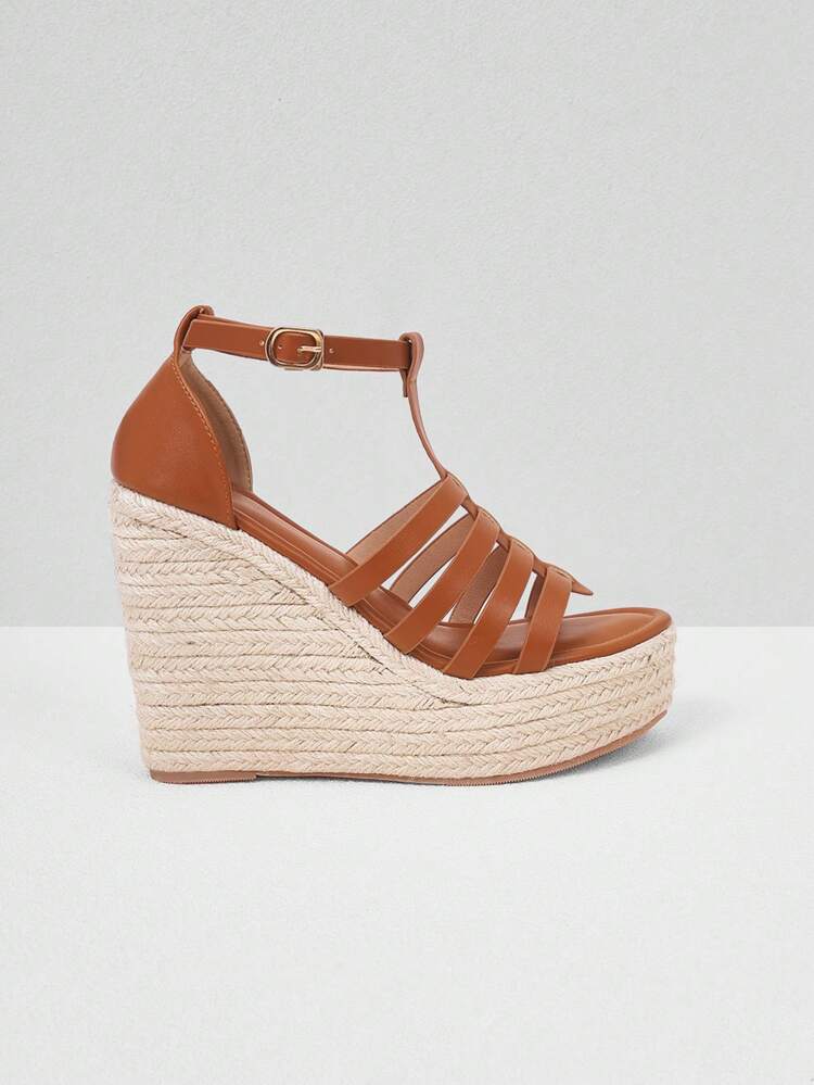 Women's Fashionable Minimalist Strappy Brown Wedge Heel Espadrilles Sandals Ideal For Vacation,Casual Outdoor Beach Roman Boho Comfort Women's Sandals, Solid Color Faux Leather Open Toe Ankle Strap Sandals