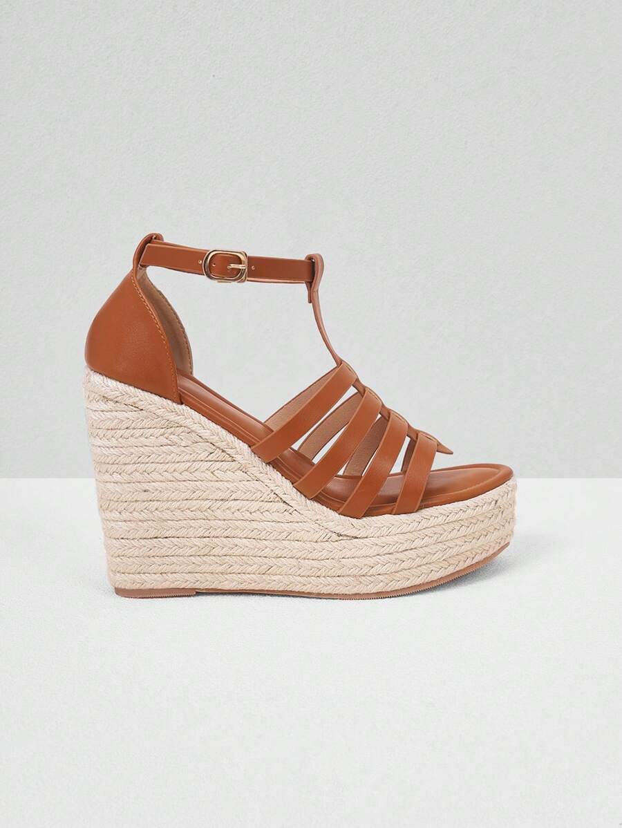 Styleloop Women's Fashionable Minimalist Strappy Brown Wedge Heel Espadrilles Sandals Ideal For Vacation,Casual Outdoor Beach Roman Boho Comfort Women's Sandals, Solid Color Faux Leather Open Toe Ankle Strap Sandals