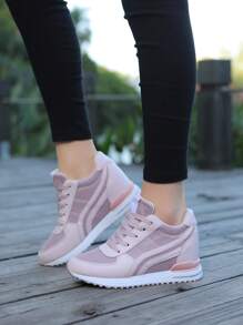 Fall/Winter Women's Solid Color Mesh Sneakers, Lace Up Patent Leather Decor Heightening Sporty Trainers, Versatile Breathable Comfy Shoes - Pink - View 11