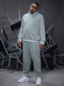 Manfinity Homme 男款大尺碼連帽運動衫和運動褲套裝,帶有羅紋飾邊 - 灰色 - 查看 5