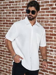 Manfinity Homme Men's Plus Size Solid Colored Short Sleeve Shirt, Plain Button Dress Shirt, For Going Out - White - View 4