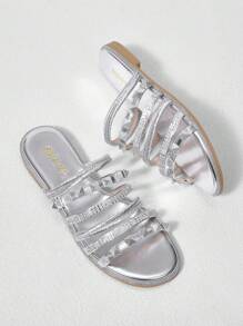 Styleloop Women's Fashionable Metal Studded Rope Flat Sandals,Women's Flat Sandals Summer Beach Slippers With Rhinestone Decoration