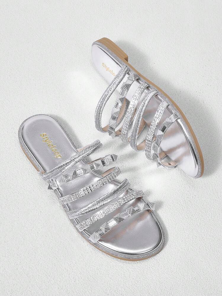 Women's Fashionable Metal Studded Rope Flat Sandals,Women's Flat Sandals Summer Beach Slippers With Rhinestone Decoration