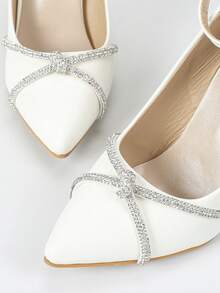 Women's Charm Pointed Toe Ankle Strap Stiletto Heels With Rhinestone & Bowtie Decor, Simple Buckle - White - View 7