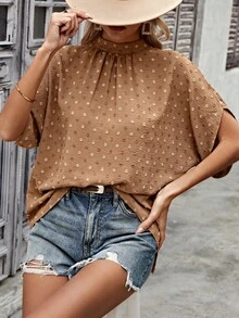 SHEIN LUNE 女士立領蝙蝠袖提花襯衫 - 卡其色 - 查看 6