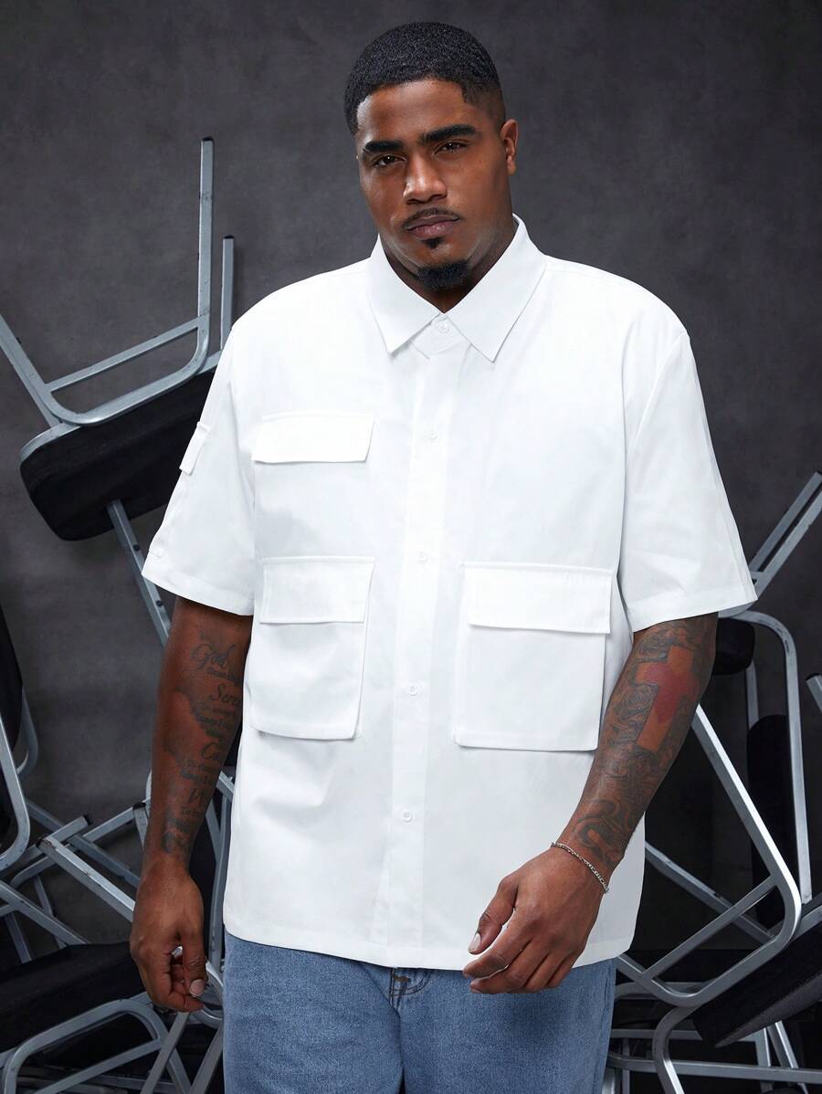 Manfinity Homme Men's Plus Size Short Sleeve Shirt With Multiple Pockets - White - View 1