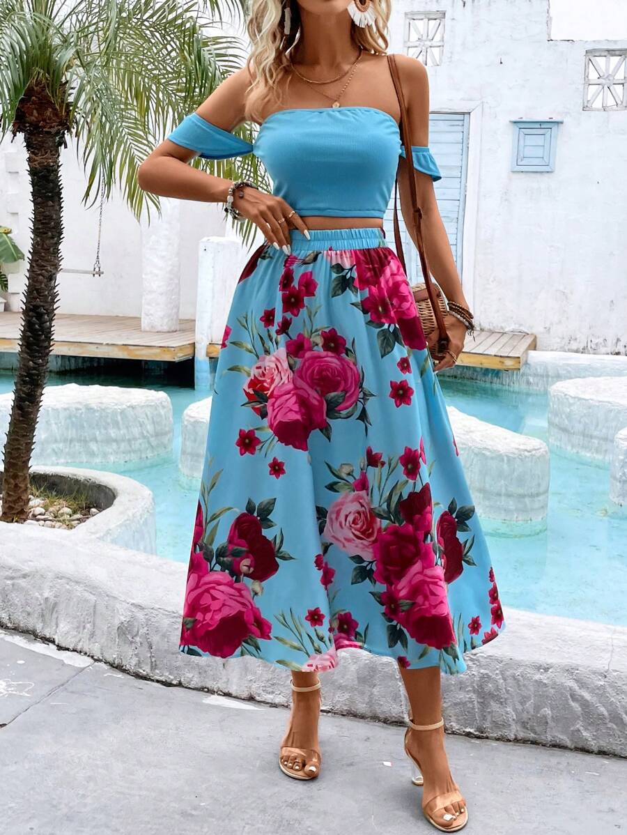 SHEIN VCAY Ladies' Solid Color Off Shoulder Top And Florals Printed A-Line Skirt Set - Multicolor - View 1