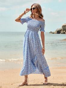 Breezaya Women'S Off-Shoulder Floral Dress - Blue and White - View 4