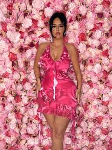 SHEIN SXY Váy mini xếp nếp phối lưới hoa hồng viền bất đối xứng gợi cảm dành cho nữ, hoàn hảo cho bữa tiệc khiêu vũ, sinh nhật, kỳ nghỉ xuân và ngày lễ tình nhân - Hồng - Xem 4