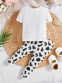 SHEIN Baby Girls' Easter Animal Pattern Short Sleeve Top And Printed Pants Snug Fit Home Outfit Set - Black and White - View 2