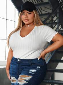 SHEIN CURVE+ Plus Size Women'S V-Neck Short Sleeve Bodysuit - White - View 2