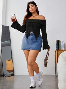 SHEIN EZwear Áo thun có đường viền bất đối xứng dài tay hở vai cỡ lớn - màu đen - Xem 3