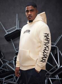 Manfinity Roughcore Men'S Plus Size Hoodie With Letter & Chinese Dragon Print - Khaki - View 3