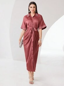 Modelyn Women's Rhinestone Button Plaid Patchwork Fleece Hem Cardigan Dress Long Evening Dresses - Pink - View 7