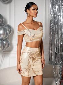 Zolique Glitter Open Shoulder Cropped Top With Matching Skirt Two Piece Set - Champagne - View 5