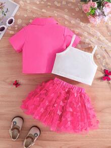 3入組嬰兒女孩翻蓋設計短袖衣，3D蝴蝶裝飾網紗裙和背心上衣套裝 - 玫紅色 - 查看 2
