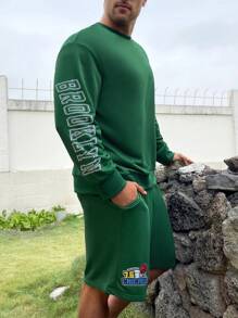 Manfinity Homme 男士大尺碼字母印花寬鬆運動衫和短褲套裝,帶斜口袋 - 墨綠色 - 查看 6