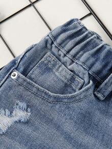 Pantalones Cortos De Mezclilla Para Niño Rasgados Y Lavados Con Agua - Azul lavado medio - Ver 4