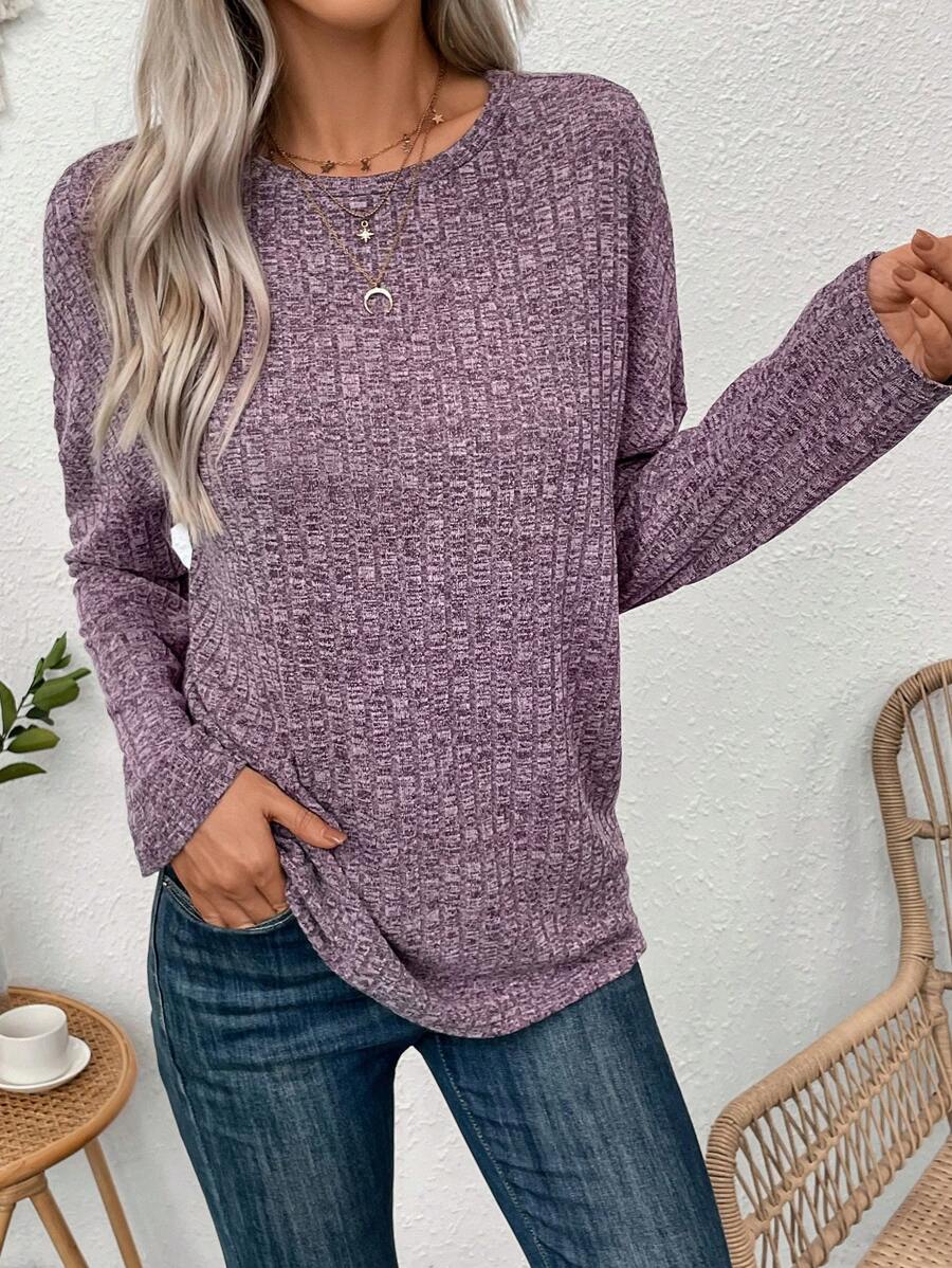 SHEIN LUNE Purple Round Neck Long Sleeve T-Shirt - Purple - View 1