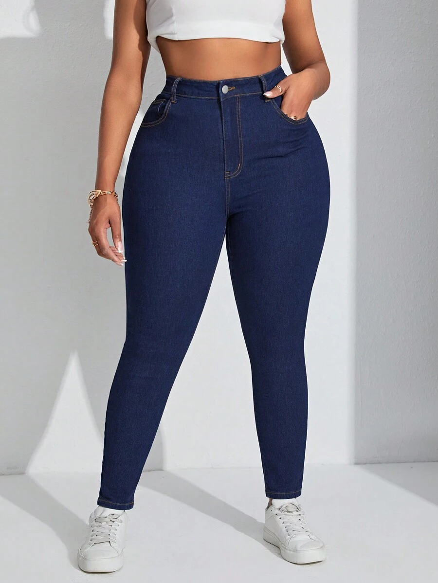 SHEIN SXY Kích thước lớn Quần jean ôm Đang hiển thị A Gầy Con số Và Nhỏ bé Đôi chân - Màu xanh lam - Xem 1