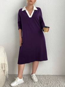 SHEIN Essnce Plus Size Colorblock Collar Casual Dress - Purple - View 5
