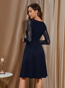 SHEIN Clasi Vestido De Manga Larga De Encaje Transparente Con Cuello En V Para Mujer - Azul Marino - Ver 2