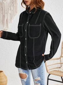 SHEIN Essnce 女款長袖牛仔襯衫上衣 - 黑色 - 查看 3